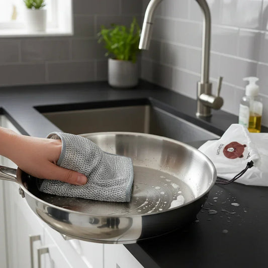 Carevix Store combo of 2 metal wire cleaning cloths with bear design food cover packet, durable kitchen cleaning and food protection set.