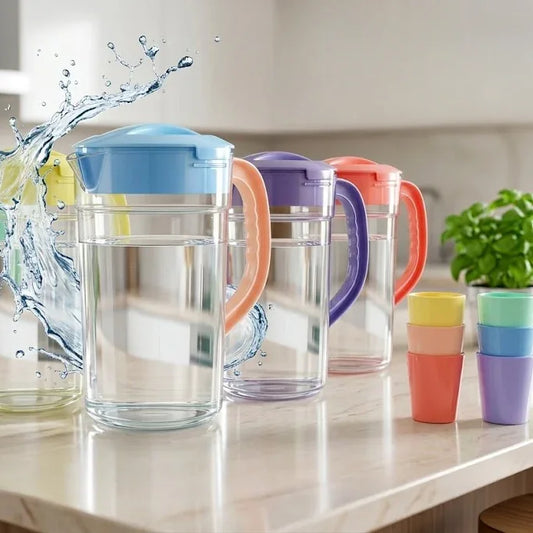 Unbreakable plastic water jug with 2.8-liter capacity and six matching glasses, ideal for everyday hydration and gatherings.