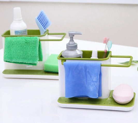 3-in-1 Premium Kitchen Sink Organizer – Self-Draining Sponge, Brush & Cloth Holder Rack