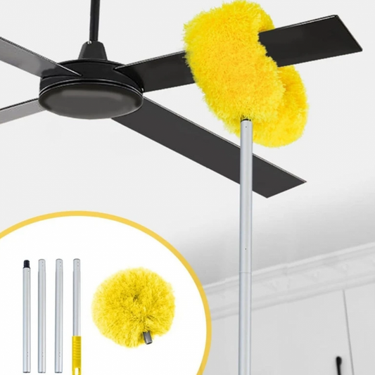 Extendable ceiling fan duster with flexible microfiber brush for dusting high ceilings, washable and easy to use.