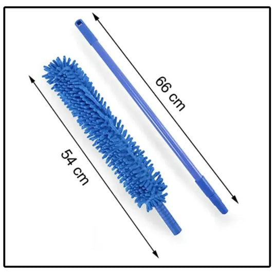 Flexible microfiber duster with stainless steel telescopic handle, extendable and bendable for cleaning fans and hard-to-reach surfaces.