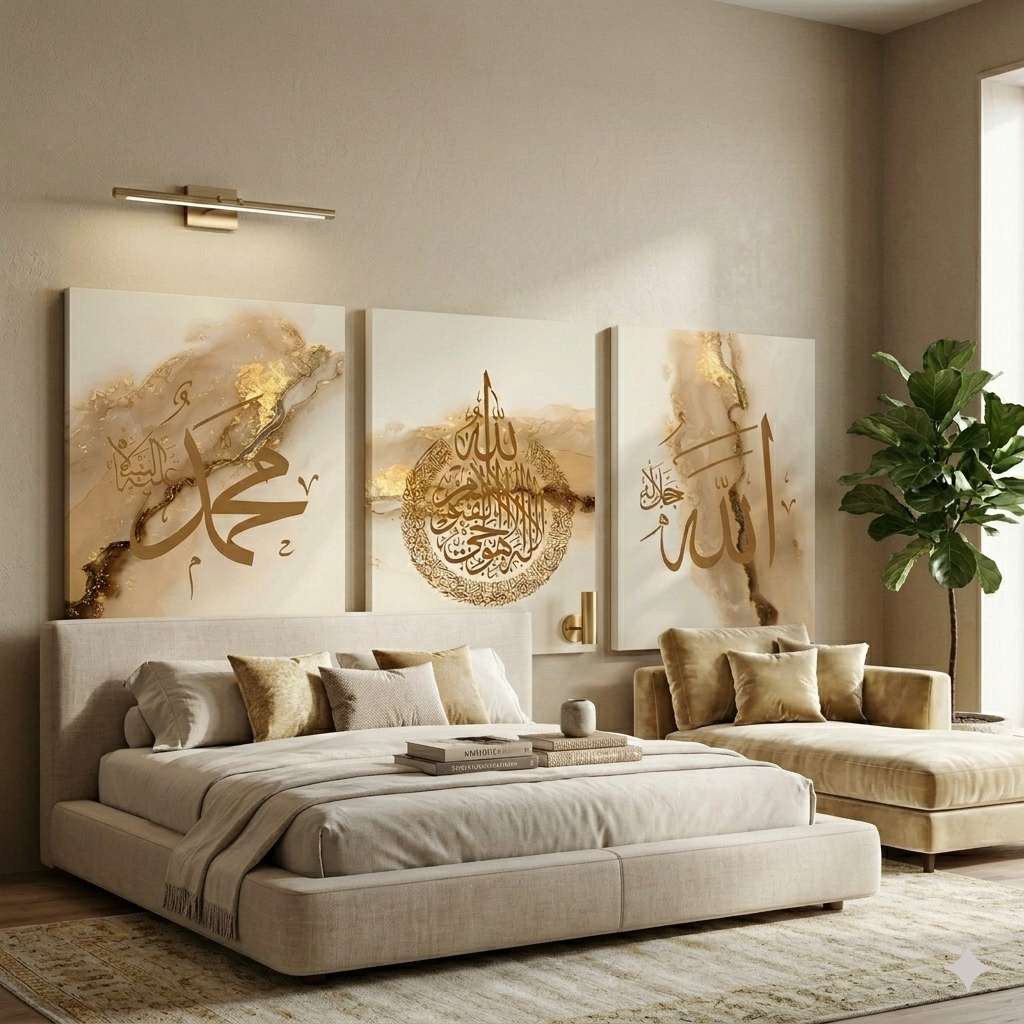 Modern 3-Piece Islamic Wall Decor Set - High-Definition Photo Tiles for Home & Office