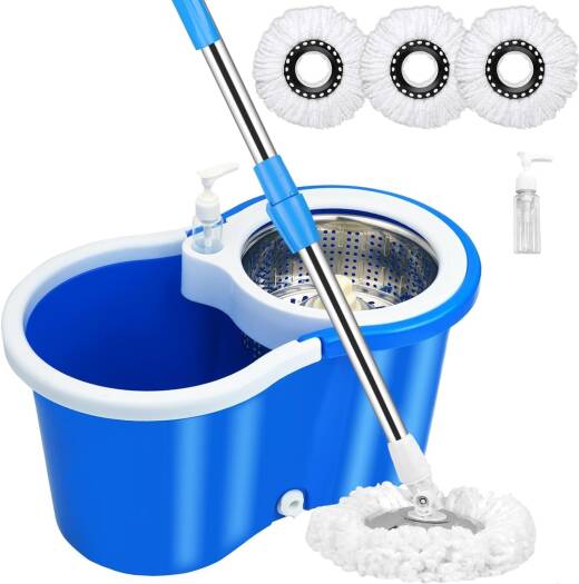 Carevix 360° rotating spin mop set with microfiber head, stainless steel dryer basket, heavy-duty floor cleaning system.