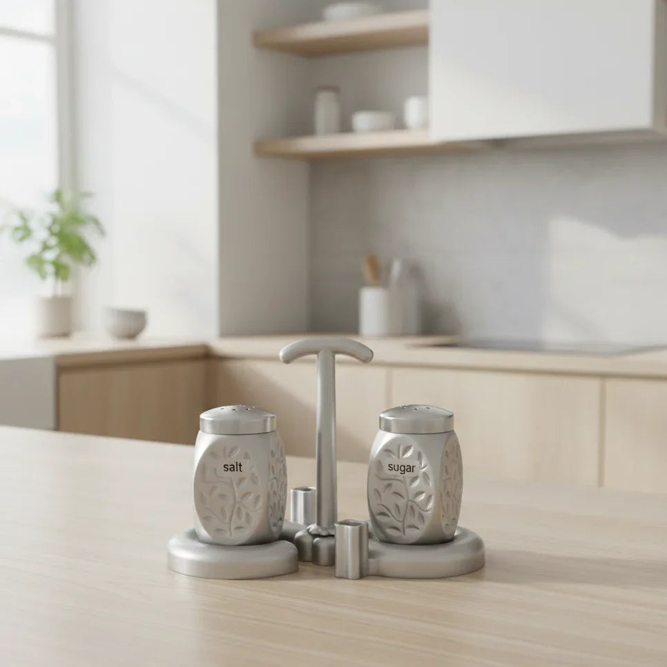 Stylish aluminium salt and sugar pot set with lids, designed for kitchen storage by Carevix Store.