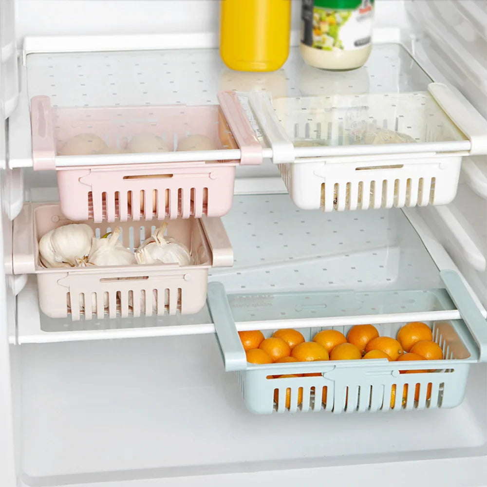 Adjustable stretchable plastic fridge storage basket by Carevix Store, versatile food organizer for efficient kitchen storage.