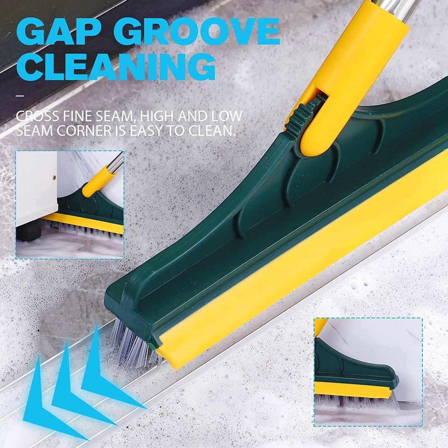 Carevix heavy-duty floor scrubber with 120° triangular rotating head and built-in squeegee for deep cleaning of corners and gaps.