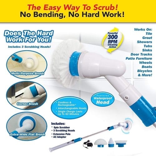 Rechargeable wireless electric spin scrubber by Carevix, showing a blue handheld cleaning brush with rotating heads for bathroom cleaning.