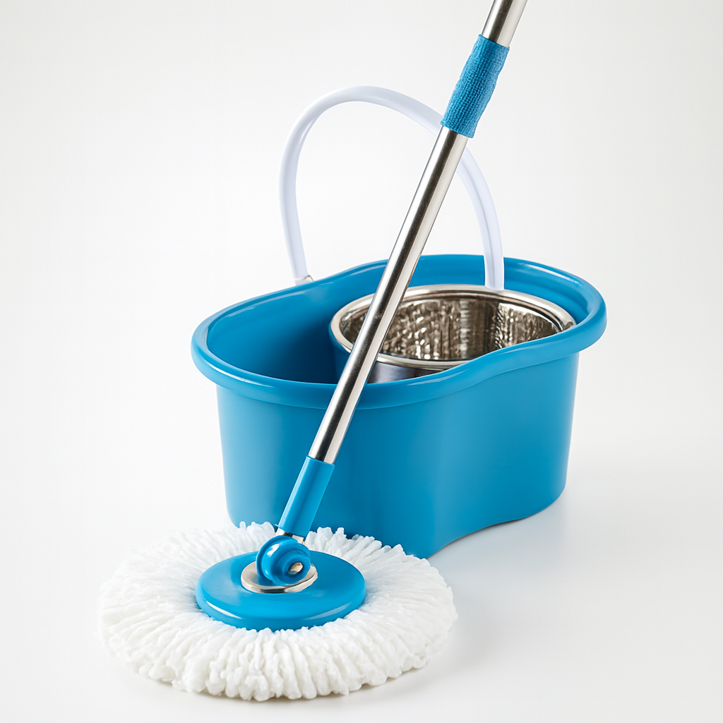 Carevix Store 360° rotating spin mop set with microfiber head and stainless steel dryer basket for efficient heavy-duty floor cleaning.