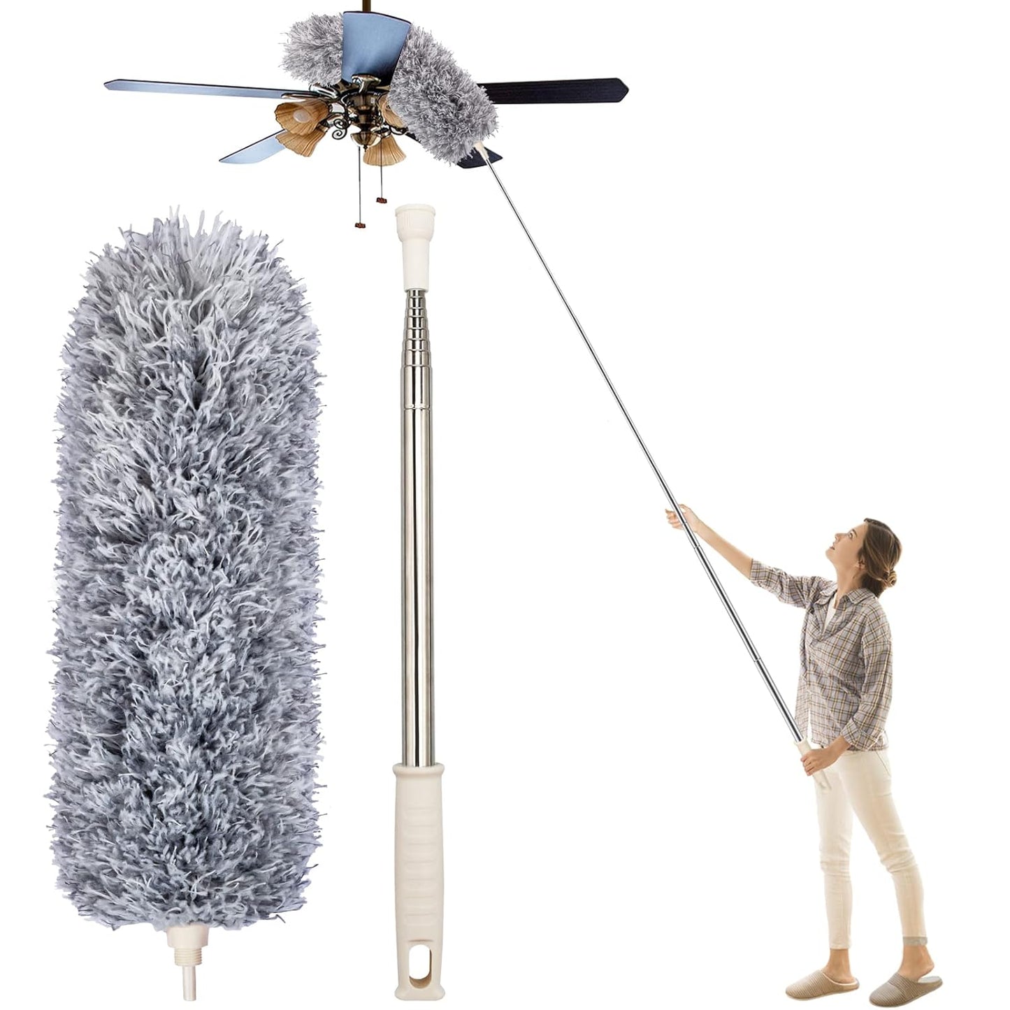 Carevix 360° flexible extendable fan and ceiling duster with telescopic cleaning brush, showing adjustable bristles and handle in use.