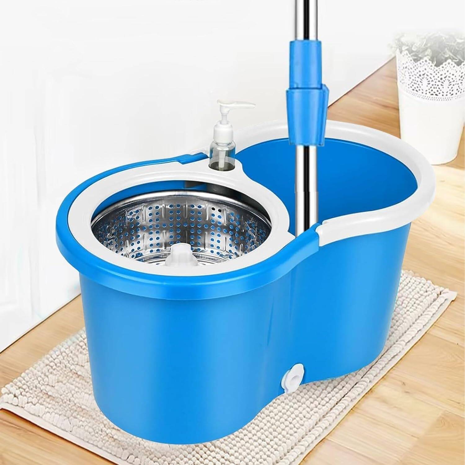 Carevix 360° rotating spin mop set with microfiber head, stainless steel dryer basket, heavy-duty floor cleaning system.