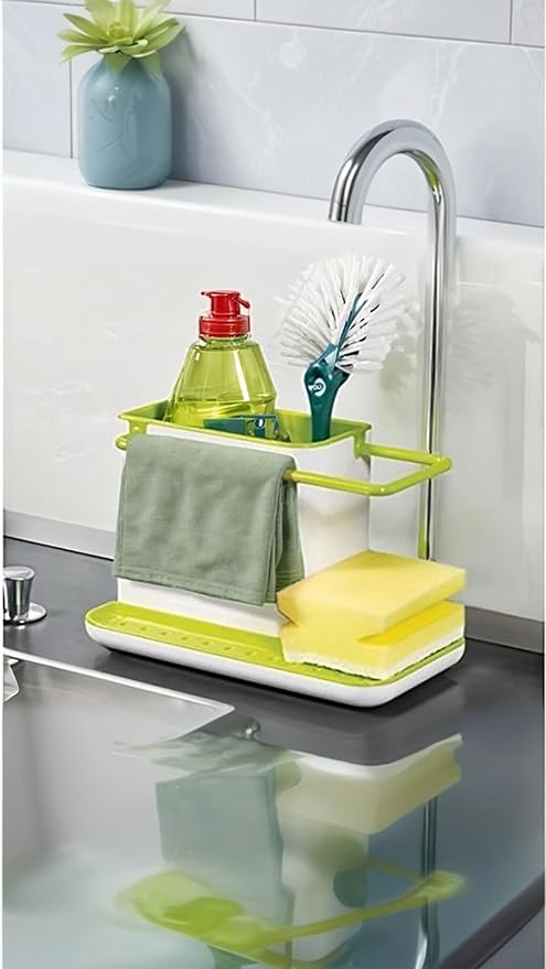 3-in-1 Premium Kitchen Sink Organizer – Self-Draining Sponge, Brush & Cloth Holder Rack