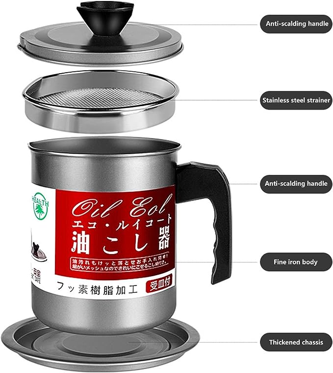 Premium Kitchen Oil Strainer Pot – 1.4L Fine Iron Storage Tank with Stainless Steel Mesh Filter