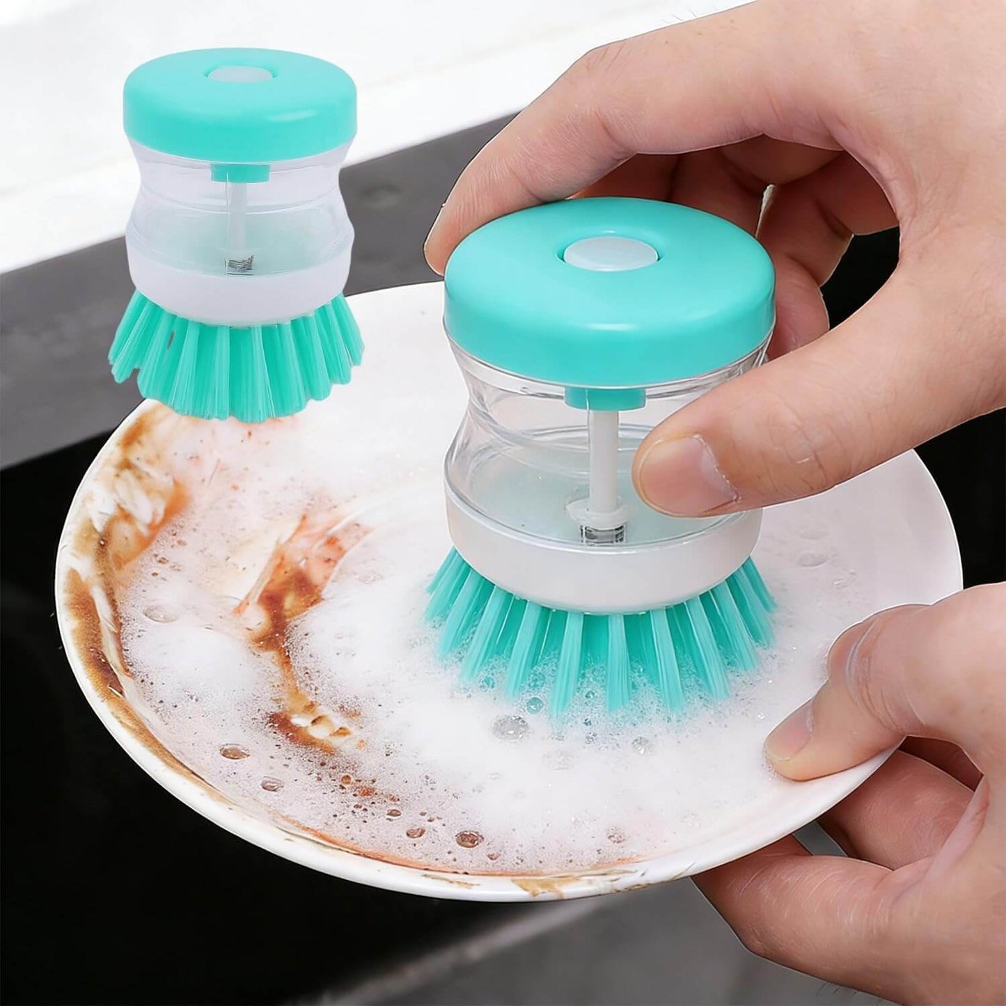 Hydraulic Liquid Soap Dispensing Pot & Dish Cleaning Brush