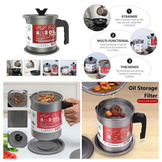 Premium Kitchen Oil Strainer Pot – 1.4L Fine Iron Storage Tank with Stainless Steel Mesh Filter
