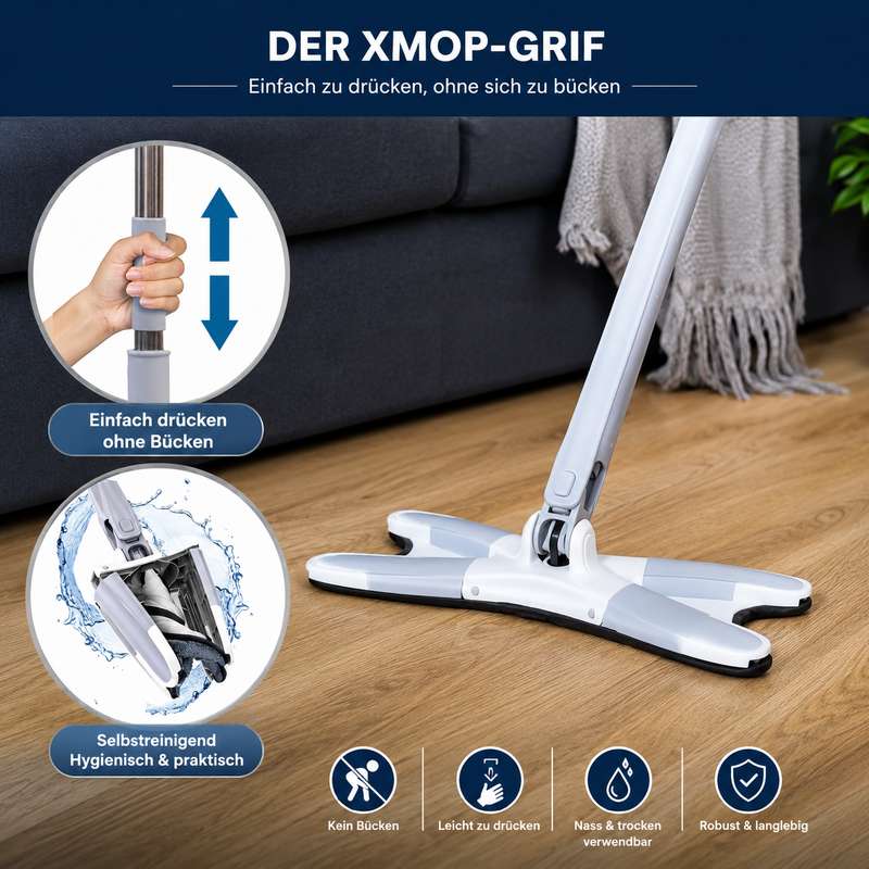 Carevix Hands-Free Squeeze X-Mop with 360° rotating microfiber flat mop head for efficient cleaning and easy maneuverability