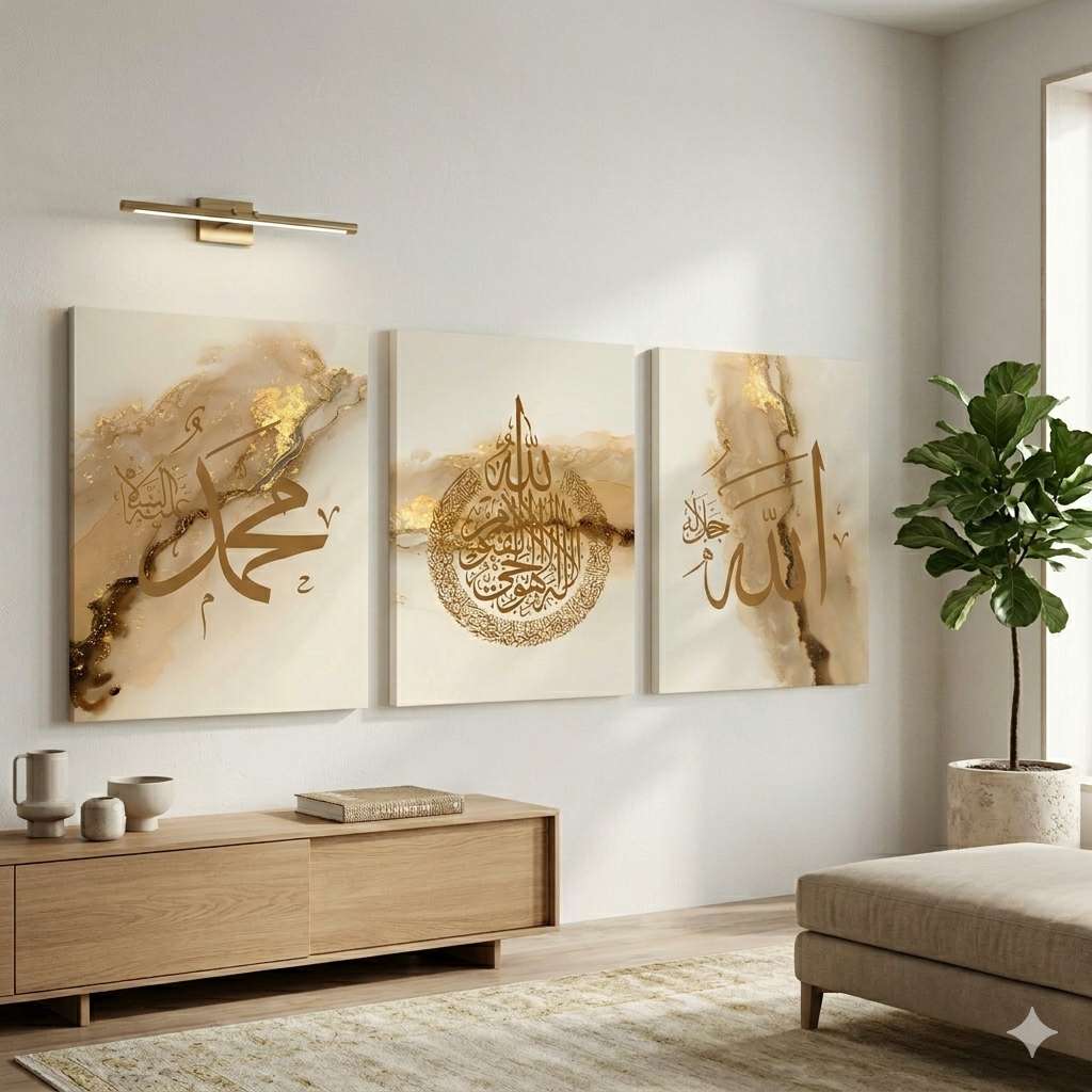 Modern 3-Piece Islamic Wall Decor Set - High-Definition Photo Tiles for Home & Office
