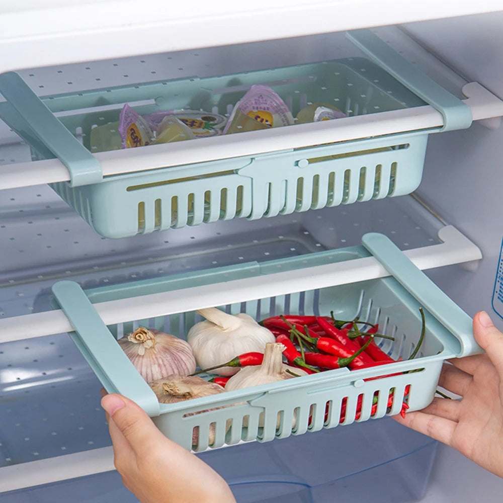 Adjustable stretchable plastic fridge storage basket by Carevix Store, showing its multi-functional design for organized food storage.