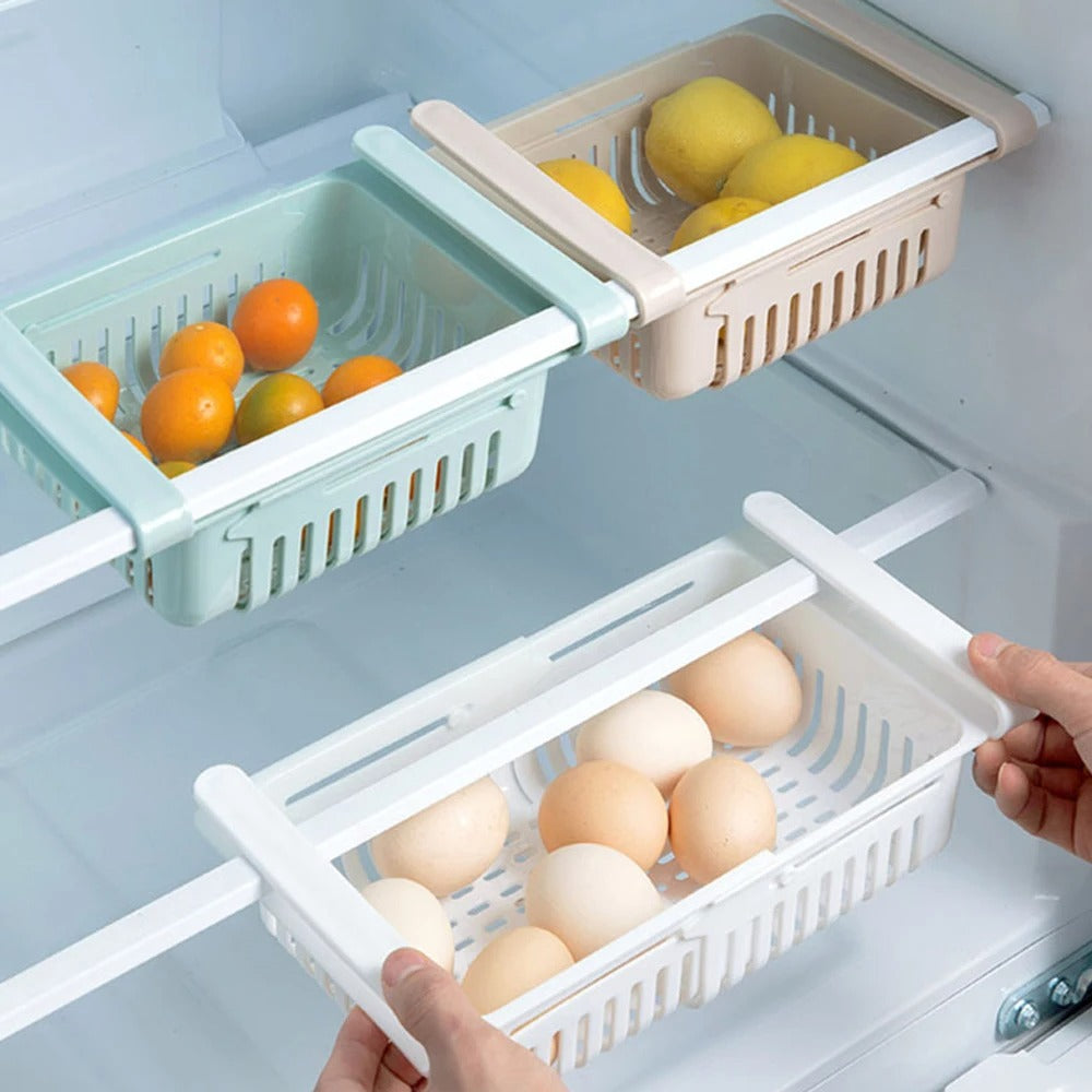 Adjustable stretchable plastic fridge storage basket by Carevix Store, showing its multi-functional design and expandable feature.