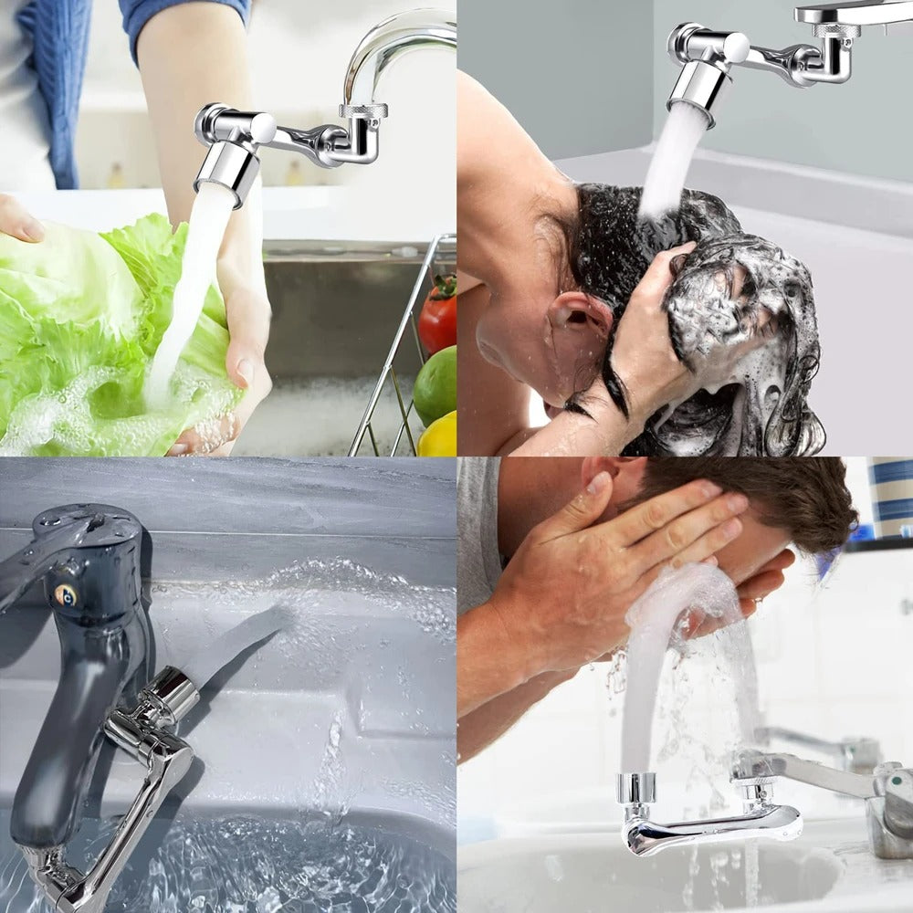 Carevix 1080° rotatable universal faucet extender with dual mode splash filter, shown attached to a kitchen tap.