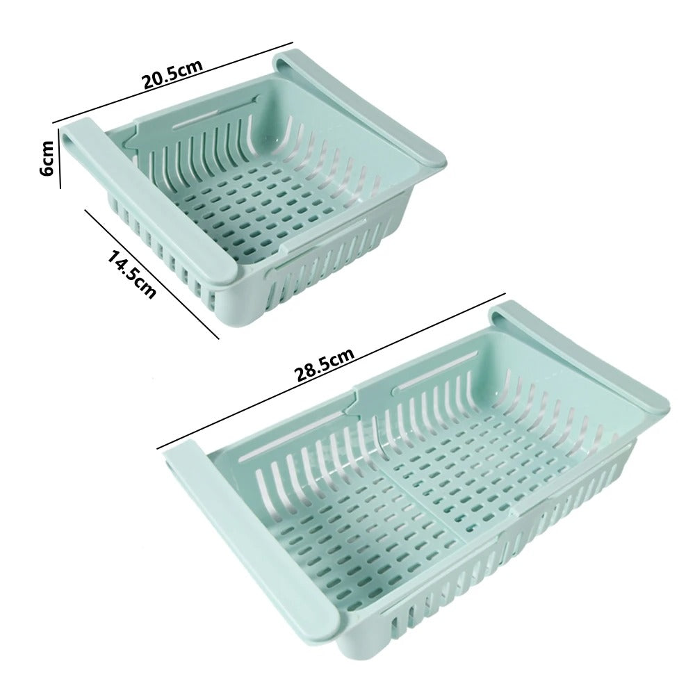 Adjustable stretchable plastic fridge storage basket by Carevix Store, showing a versatile food organizer with expandable sides.