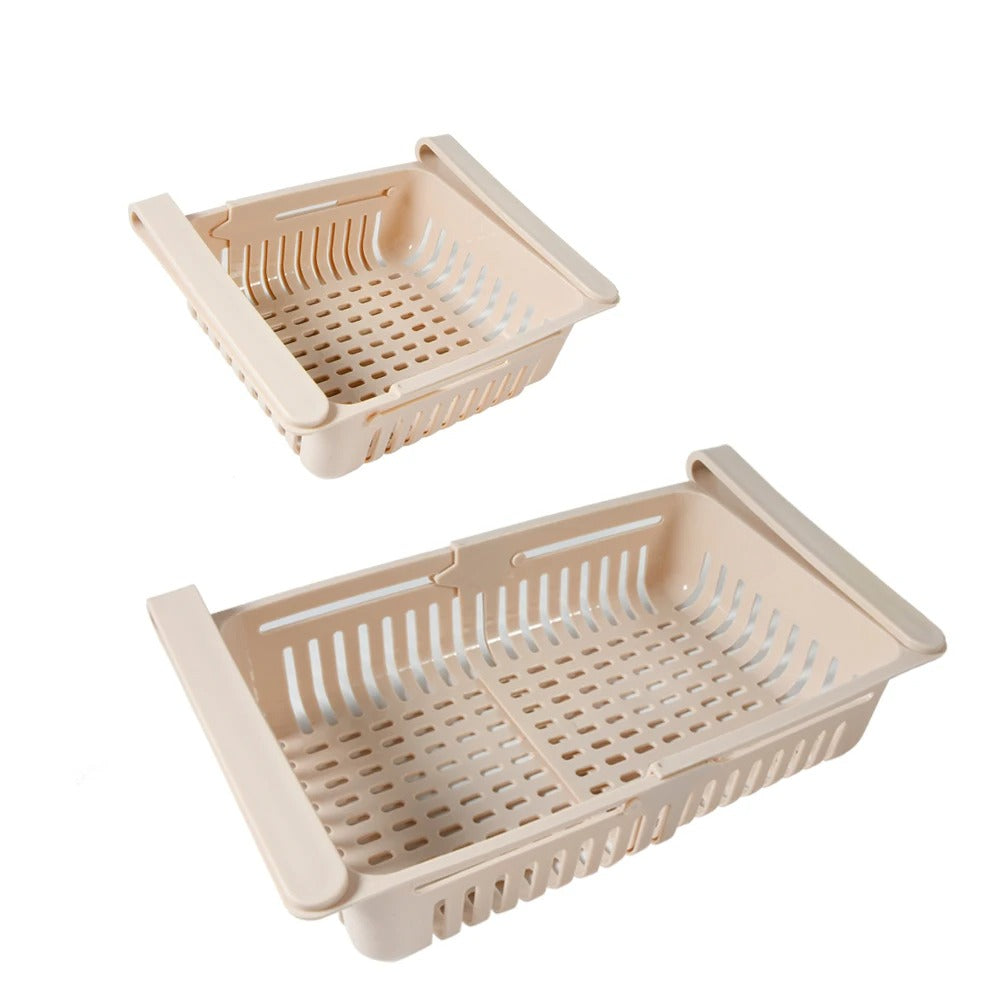 Adjustable stretchable plastic fridge storage basket by Carevix Store, versatile food organizer with expandable design for fridge organization.