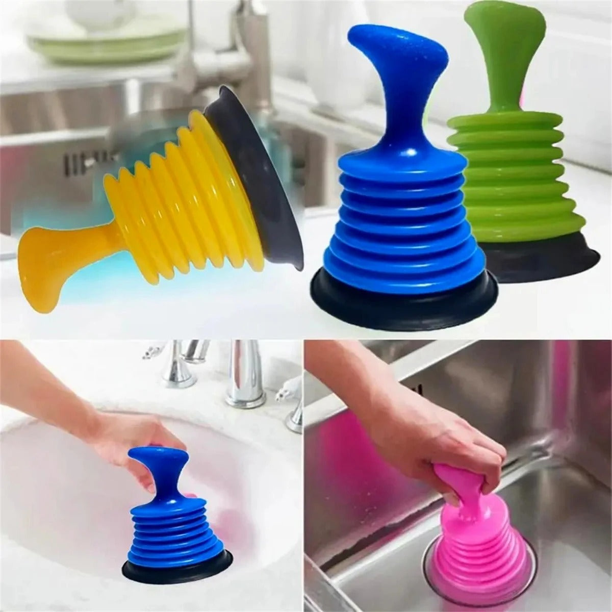 Small Carevix sink and drain plunger with a compact design, featuring a rubber cup and handle for effective pipe unblocking.