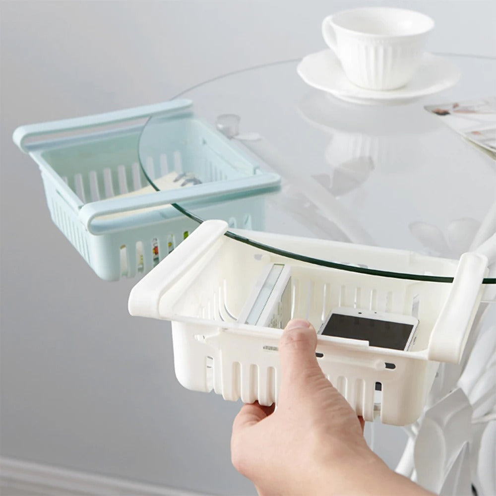 Adjustable stretchable plastic fridge storage basket by Carevix Store, flexible food organizer with multi-functional design.