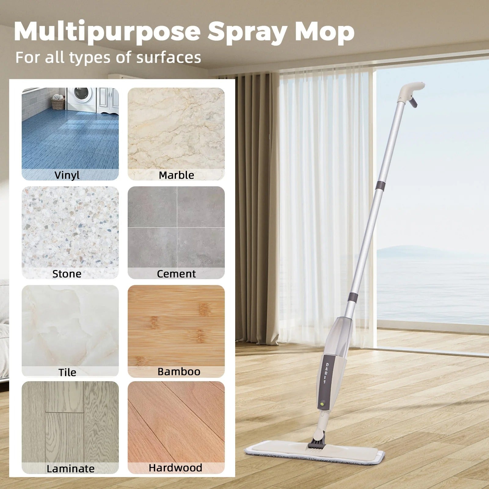 Carevix 360° spray mop with reusable microfiber pad for efficient, multi-surface floor cleaning in a modern home.