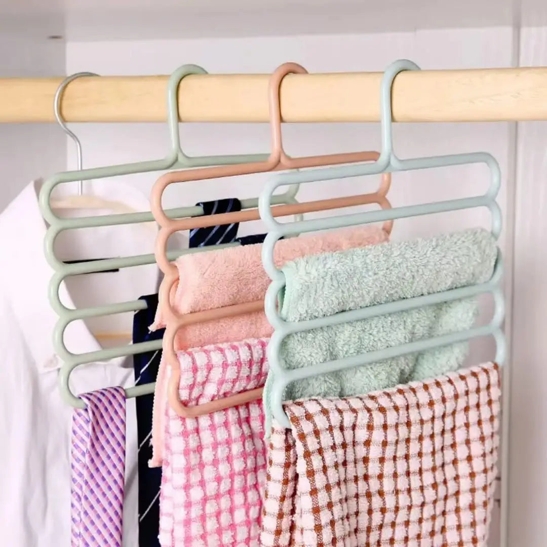 Carevix 5-Layer Space Saving Magic Hanger with non-slip design for organizing pants, towels, and clothing efficiently.